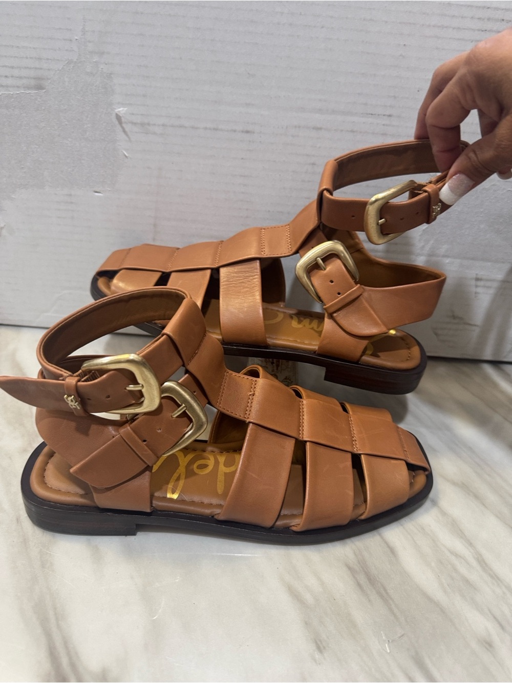 Sam Edelman Tan Leather Strappy Fisherman Sandals with Gold Buckles - Picture 11 of 12